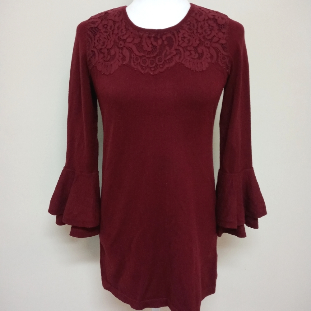 WHBM Red Maroon Bell Sleeve Lace Knit Tunic Dress